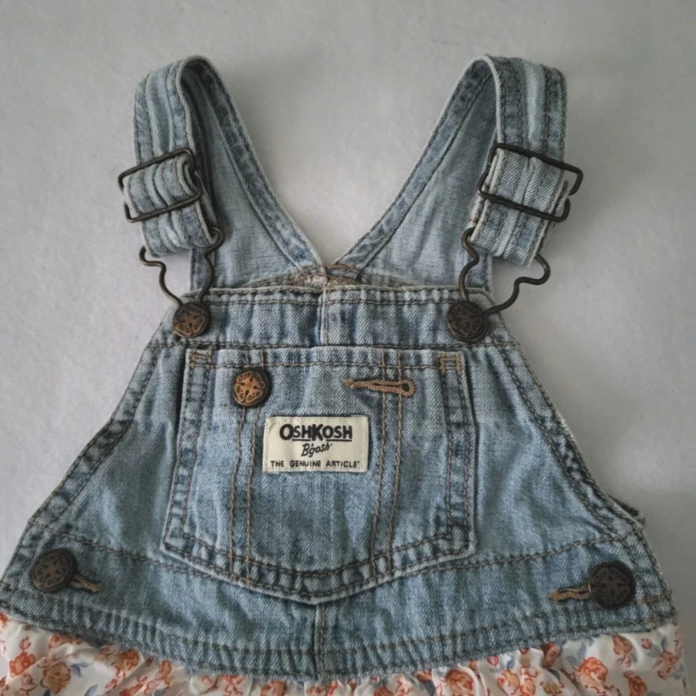 Oshkosh Girls 18M Overall Vestbak Dress Tiered Floral Eyelet Gingham‎ Denim Jean